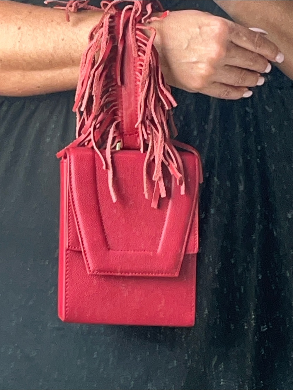 Red leather fringe box bag